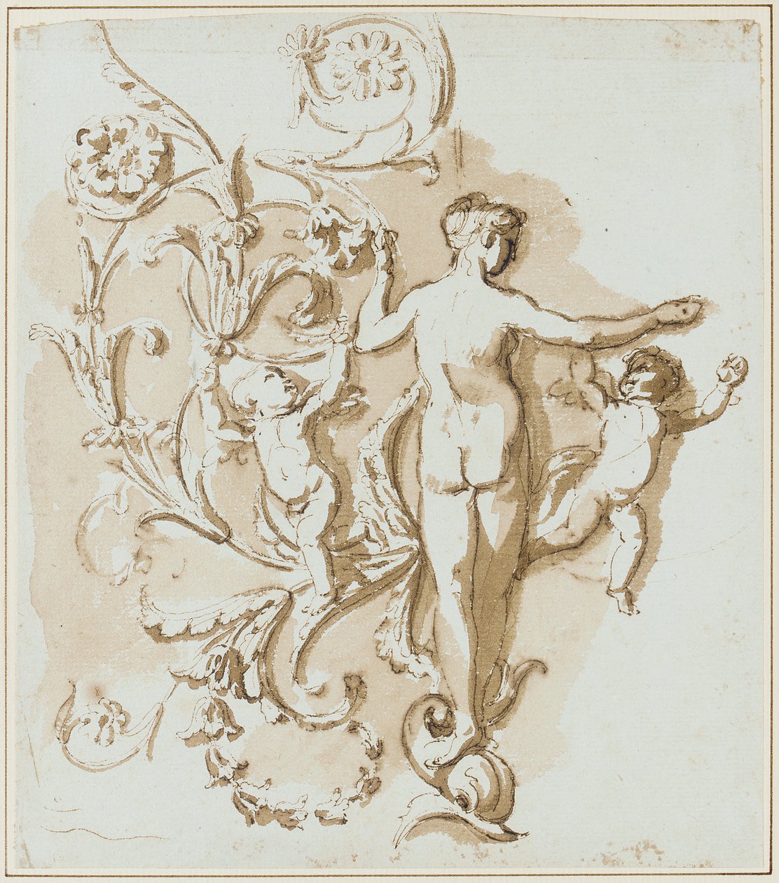 Een vrouwelijke naakt van achteren gezien, met twee putti, tussen acanthusblad decoratie door Etienne de Lavallee Poussin