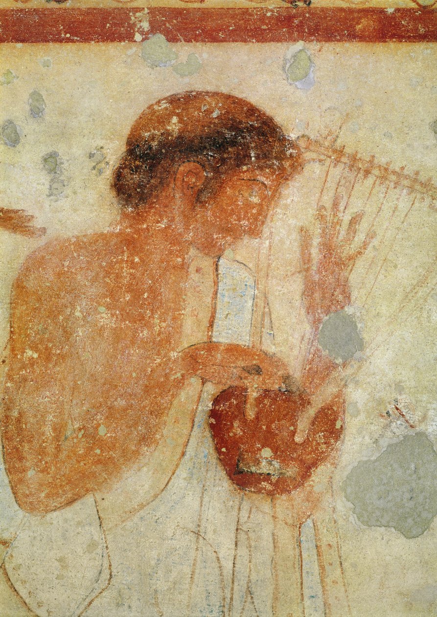 Muzikant die de citer of de lier bespeelt, uit het graf van de Triclinium, c.470 v.Chr. muurschildering (detail) door Etruscan