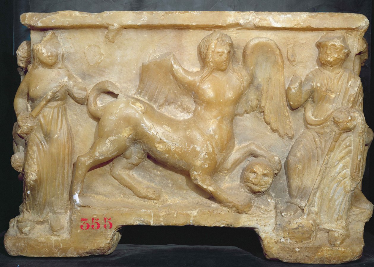 Funeraire urn die Oedipus en de Sfinx afbeeldt door Etruscan