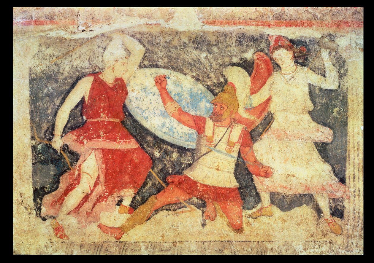 Twee Amazonen in gevecht met een Griek, uit Tarquinia, 370-360 v.Chr. door Etruscan