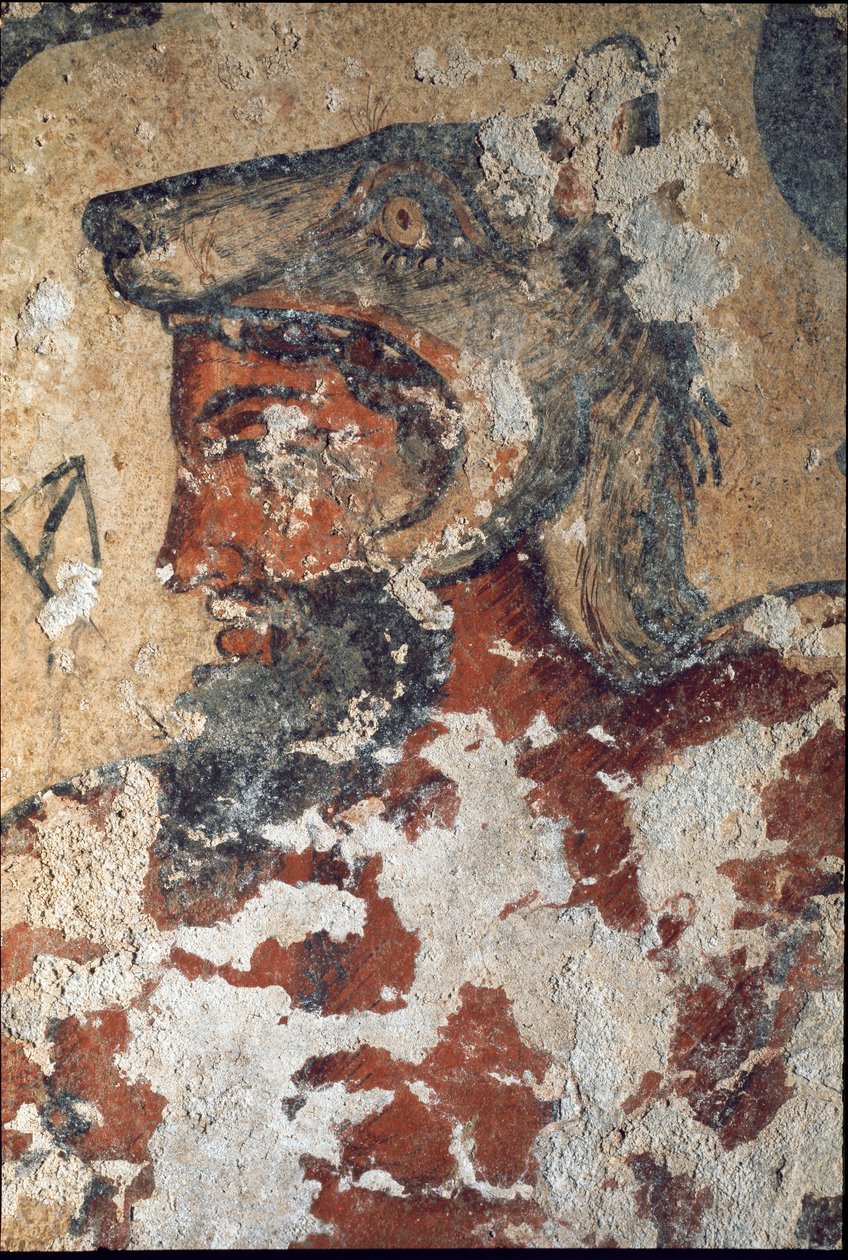 Aita (Eiza), Etruskische god van het hiernamaals, met een wolvenkap (detail) door Etruscan