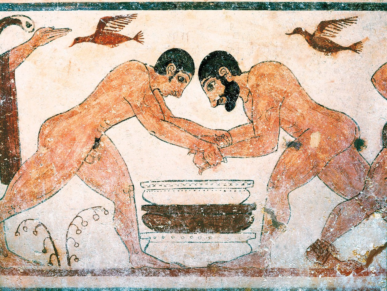 Etruskische kunst: Atleten afgebeeld in het graf van de auguren in de necropolis van Monterozzi Tarquinia, nabij Viterbo, Italië. Fresco uit de 6e eeuw v.Chr. door Etruscan