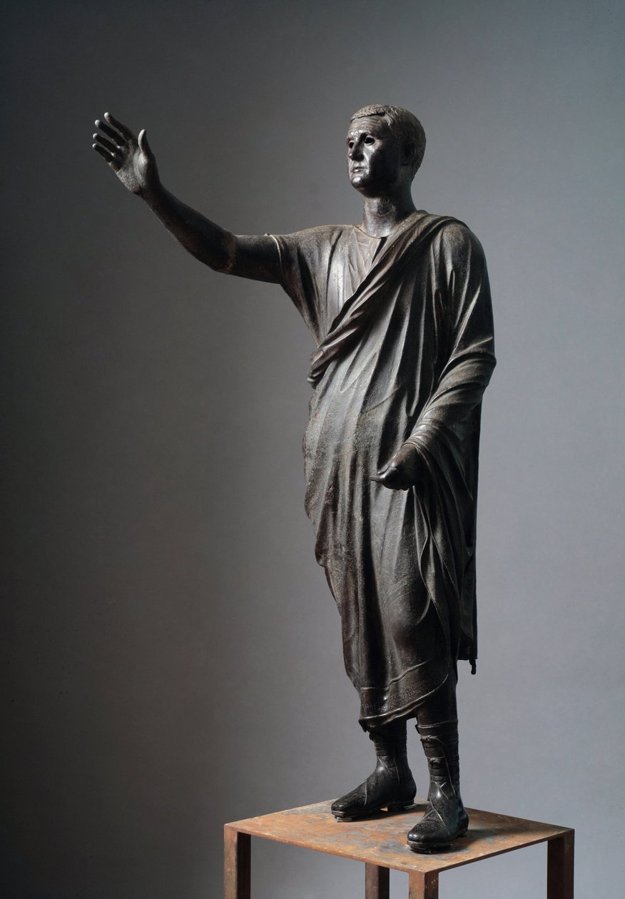 Aule Metele (De Orator), Romeinse redenaar - Etruskisch bronzen beeld, h: 179 cm, ca. 90-70 v.Chr., uit Pila, Italië - Etruskische beschaving: 