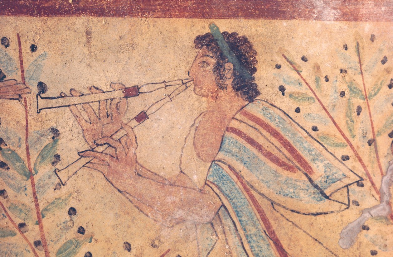 Etruskische kunst: een fluitspeler. Detail van een fresco in het Graf van de Luipaarden, in de necropolis van Monterozzi, Italië, begin 5e eeuw v.Chr. (fresco) door Etruscan