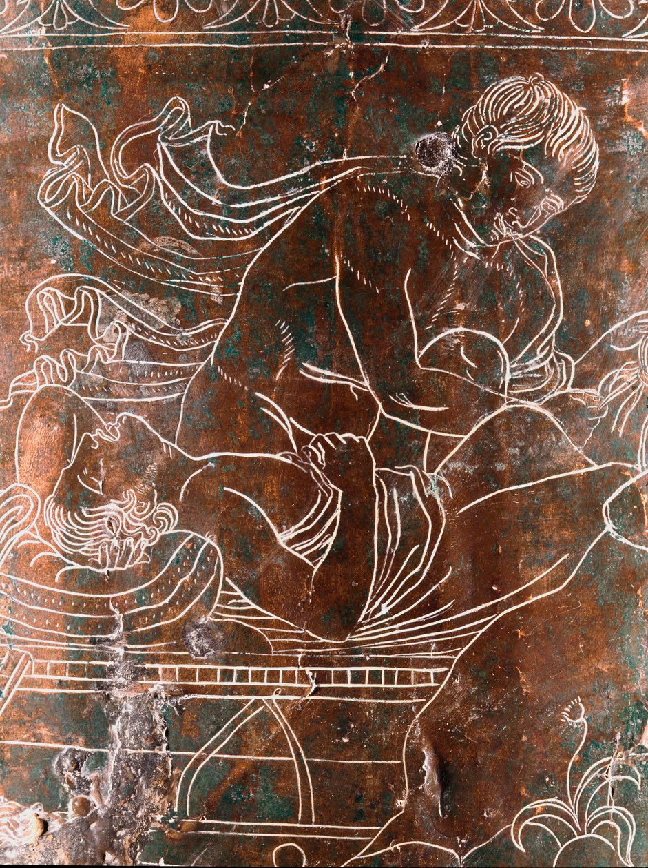Etruskische kunst: detail van de bronzen Ficoroni Cistus die de legende van de Argonauten voorstelt: het schip van Argos. Uit Preneste (Palestrina). 340 v.Chr. Museo Nazionale di Villa Giulia, Rome door Etruscan