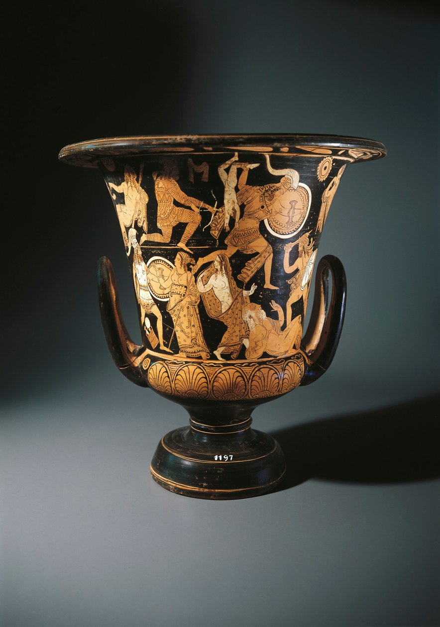 Roodfigurige aardewerk, calyx krater met Neoptolemus, Astyanax, Helena van Troje en Priamo op de grond, door Nazzano Schilder, uit Civita Castellana door Etruscan