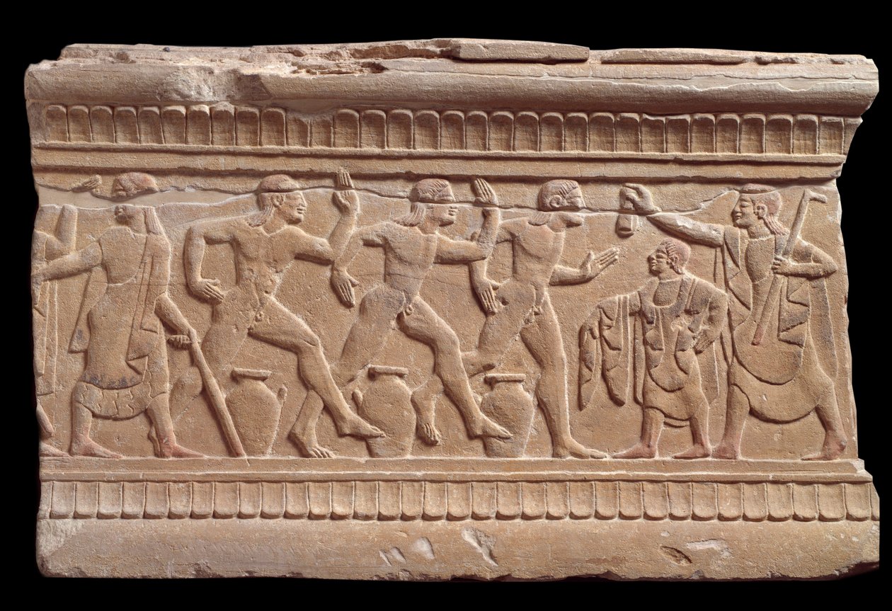 Reliëf met een race van atleten van een marmeren mijlpaal van Chiusi, Italië, 6e eeuw v.Chr. door Etruscan