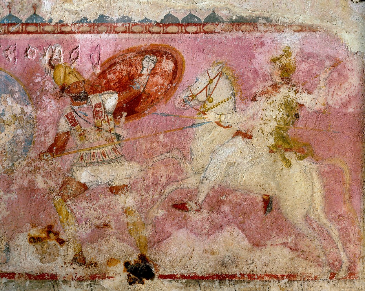 Sarcofaag van de Amazones met geschilderde scène van een gevecht, witte kalksteen, uit Tarquinia, regio Latium, Italië, detail door Etruscan