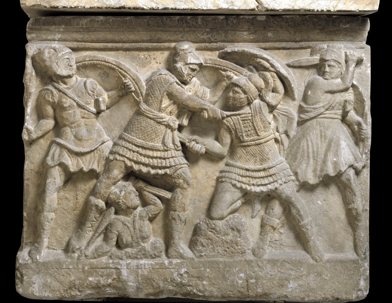 Etruskische kunst: “Eteocles en Polynices” de twee broers, zonen van Oedipus, Bas-reliëf van een sarcofaag van Chiusi, 3e eeuw v.Chr. - Palermo, Museo Archeologico Nazionale - Duel tussen de broers Eteocles en Polynices, zonen van Oedipus - Bas-reliëf, det door Etruscan Etruscan