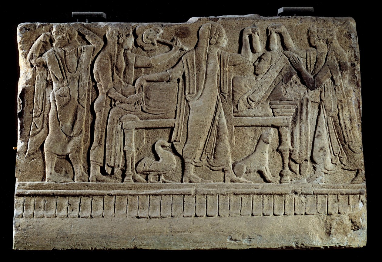 Etruskische oudheid: Plaque van een grafsteen. Tentoonstelling van de overledene op haar doodsbed. Parijs, Musee Du Louvre door Etruscan Etruscan