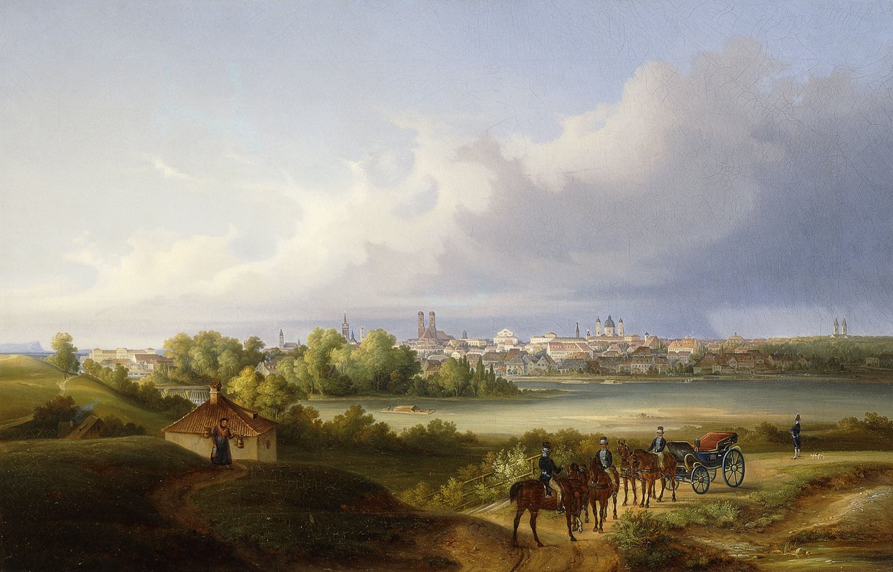 Een uitzicht op München en de Isar-rivier, 1838 door Eugen Adam