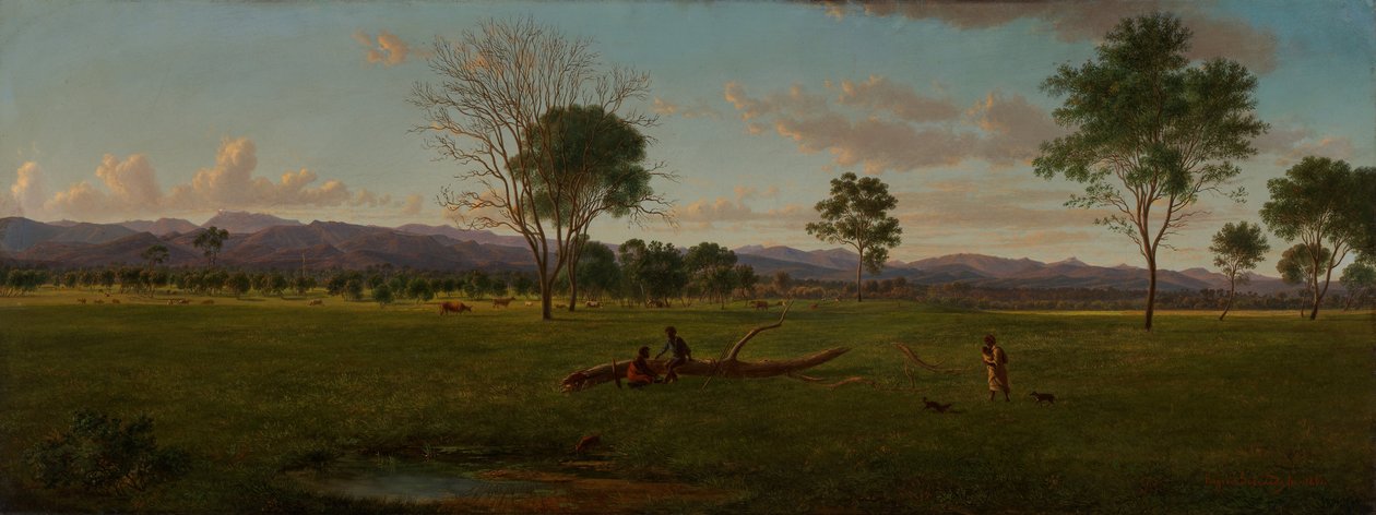 Uitzicht op de Gippsland Alpen, vanaf Bushy Park aan de rivier Avon door Eugene von Guérard