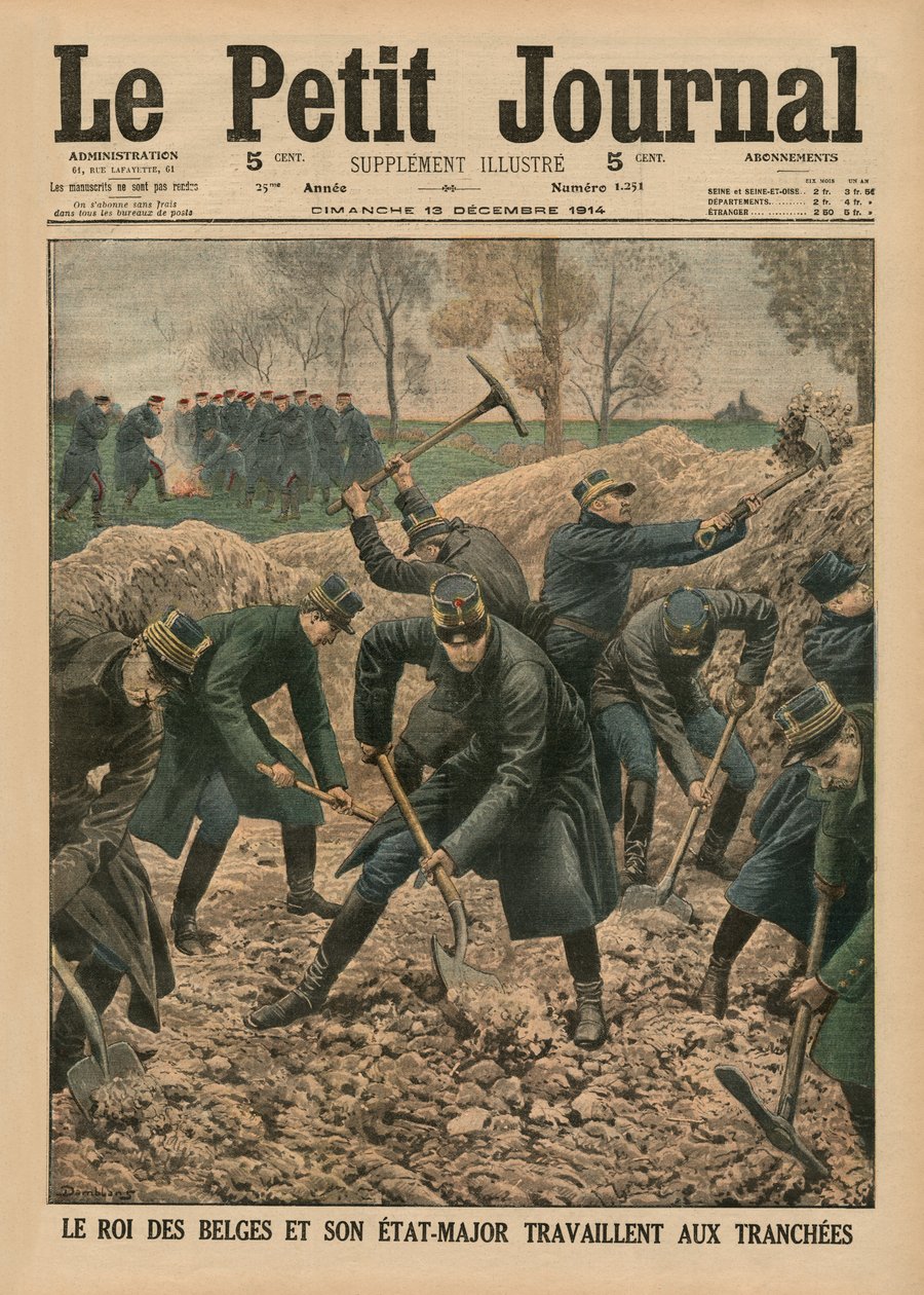 De koning van België samen met zijn staf officieren die de loopgraven uitgraven, voorpagina illustratie uit 