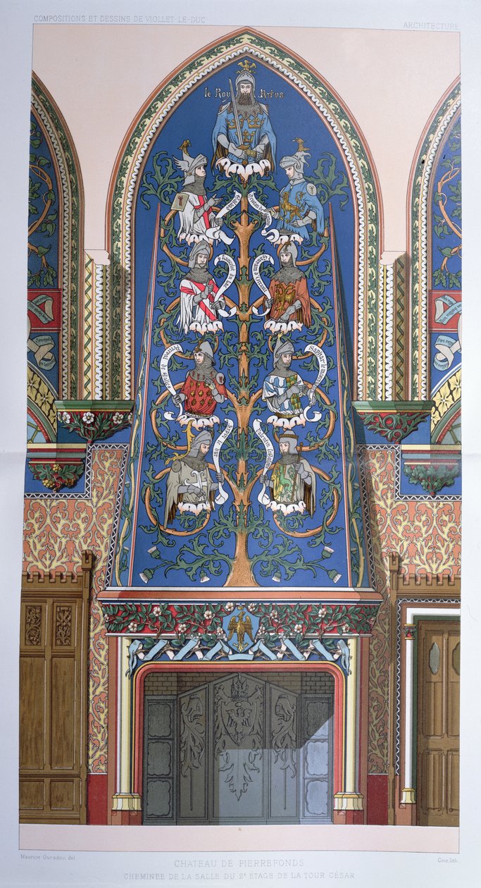 Decoratief schema met Koning Arthur en de Ridders van de Ronde Tafel, voor een open haard in Cesar Toren in Chateau de Pierrefonds, Frankrijk door Eugene Emmanuel Viollet le Duc