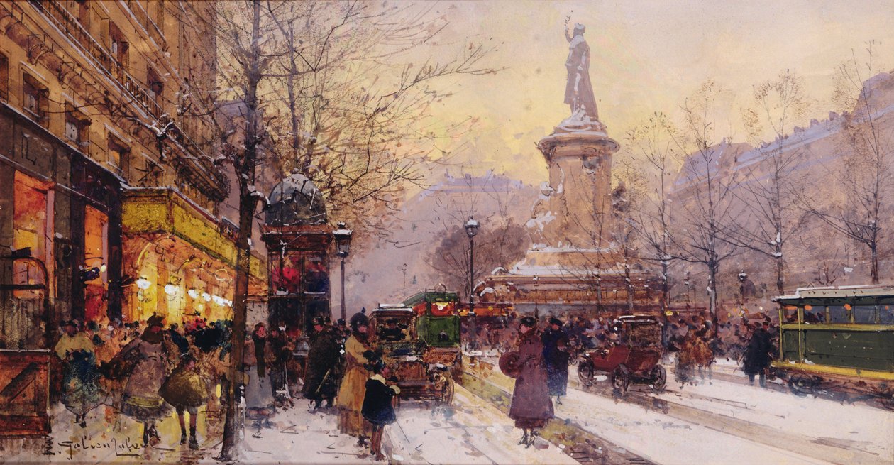 Winters Parijs straatbeeld door Eugene Galien-Laloue