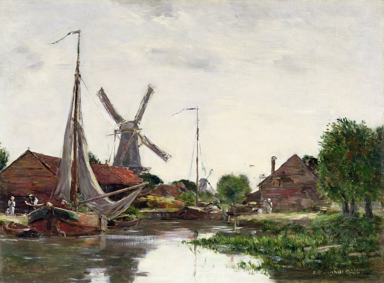 Dordrecht, molen aan de Maas, 1884 door Eugene Louis Boudin