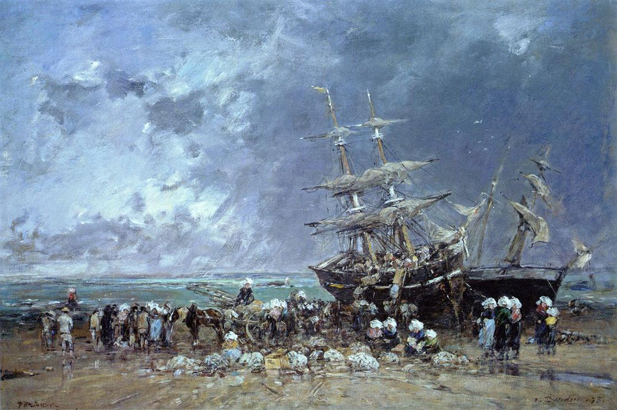 Het Uitladen van de Newfoundland Visboot, 1873 door Eugene Louis Boudin
