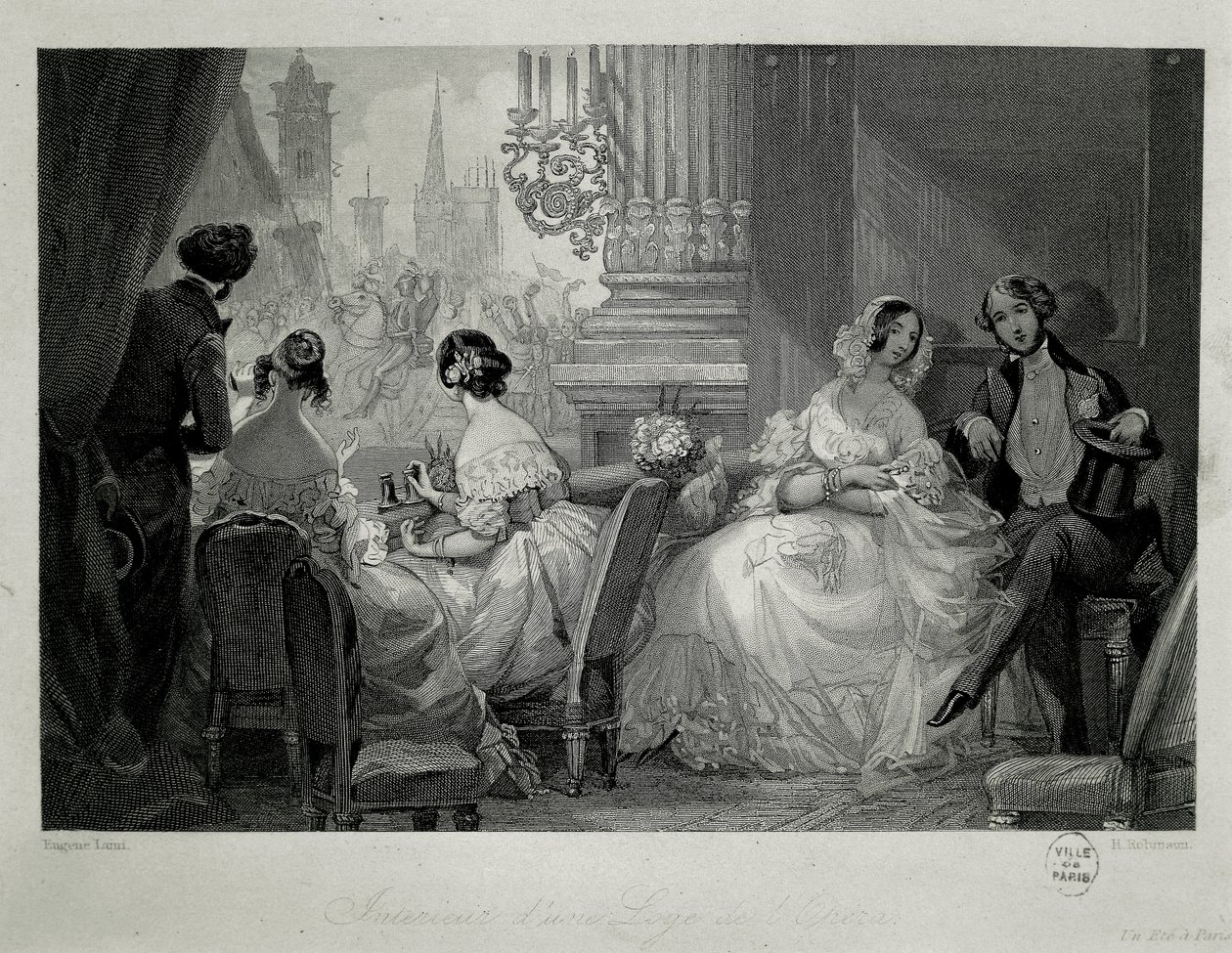 Interieur van de Opera van Parijs, mensen in een loge (gravure) door Eugene Louis Lami