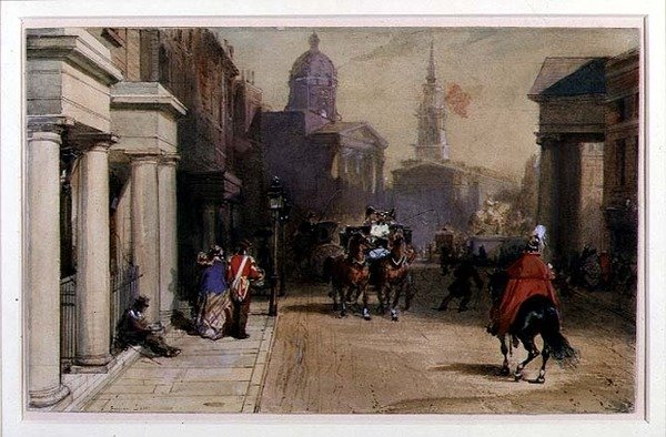 Trafalgar Square vanaf Pall Mall, c.1848-52 door Eugene Louis Lami