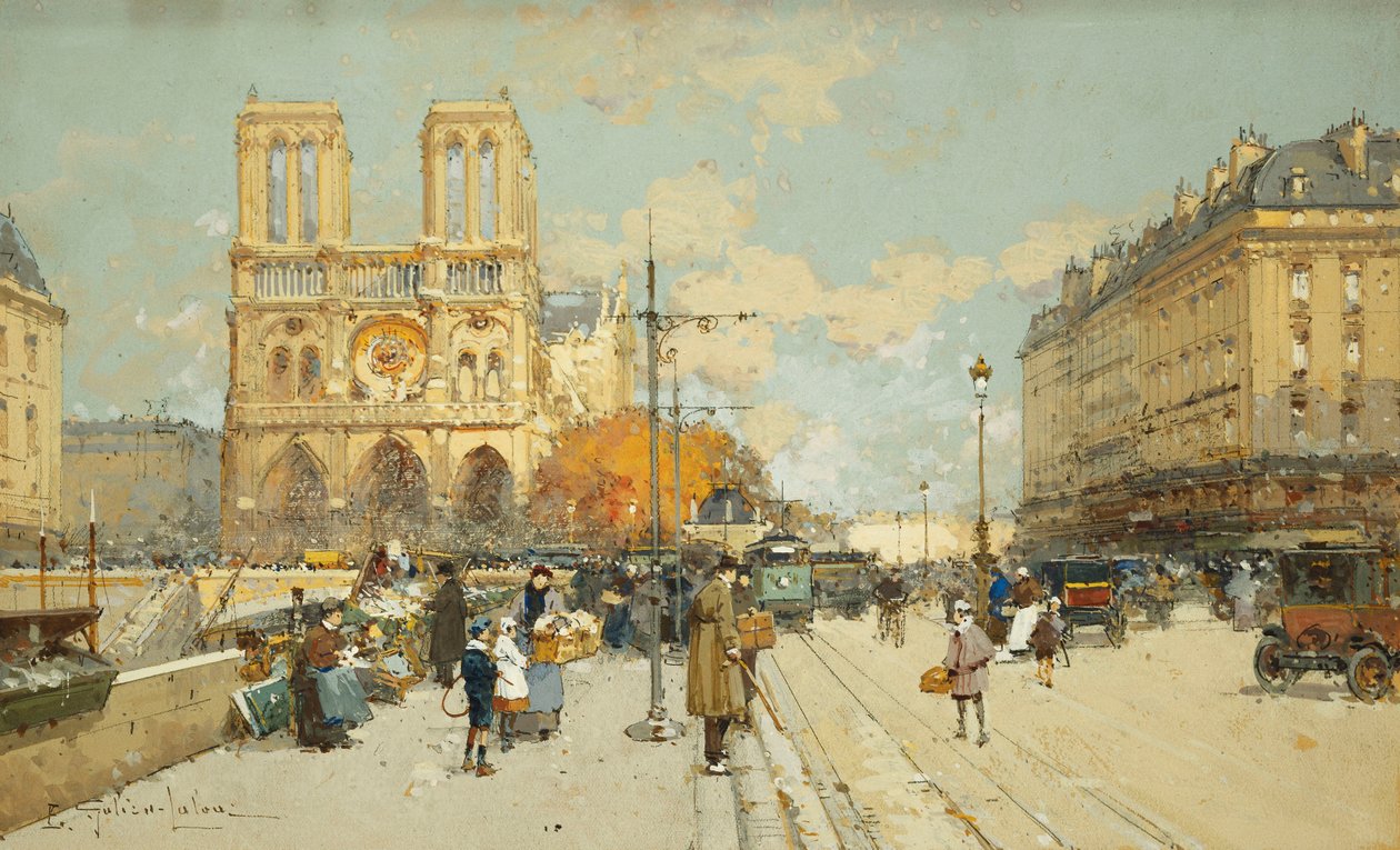 Figuren op een Zonnige Parijse Straat, Notre Dame links door Eugene Galien Laloue