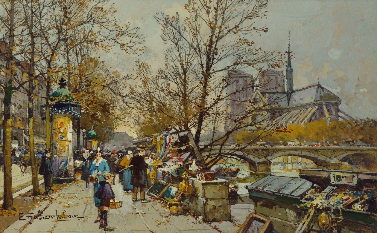De Linkeroever, Parijs, met de Notre Dame op de Achtergrond door Eugene Galien Laloue