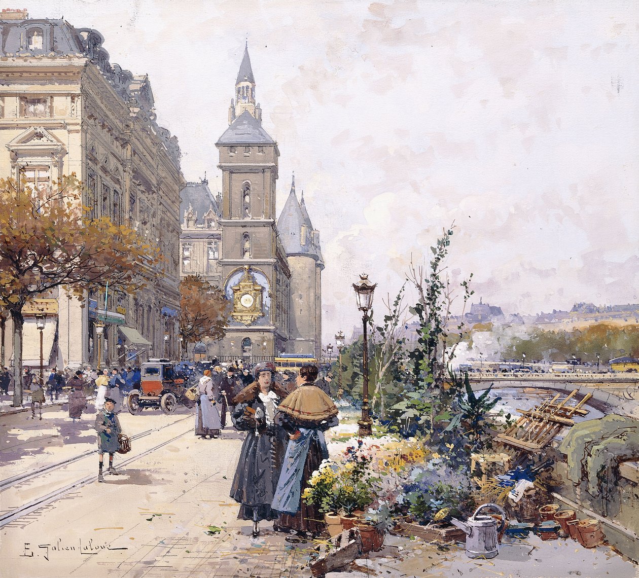 Le Quai aux Fleurs en Hotel door Eugene Galien-Laloue