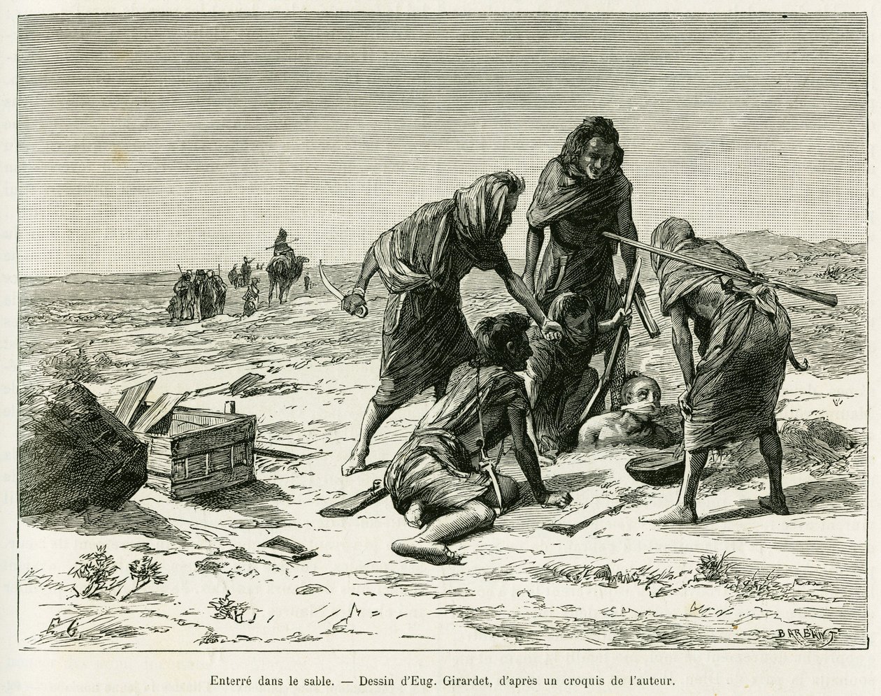 Begraven in het zand. Gravure door Eugene Girardet, ter illustratie van het verhaal Vijf maanden bij de nomadische mooren van de Westelijke Sahara, in 1887, door Camille Douls, in le tour du monde 1888, onder leiding van Edouard Charton (1807-1890), Hachet door Eugene Alexis Girardet