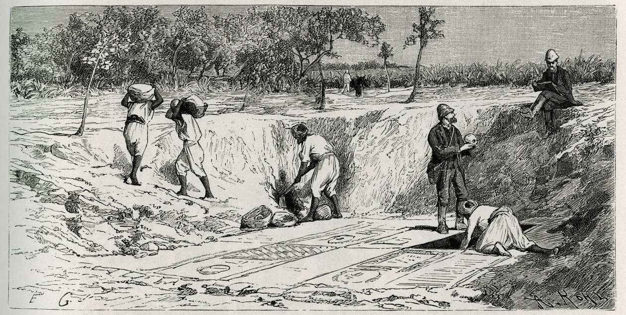 Opgravingen op de christelijke begraafplaats van Lamta, met beide missieopdrachten. Gravure door Eug. Girardet, ter illustratie van het verhaal "De reis naar Tunesië", door Rene Cagnat door Eugene Alexis Girardet