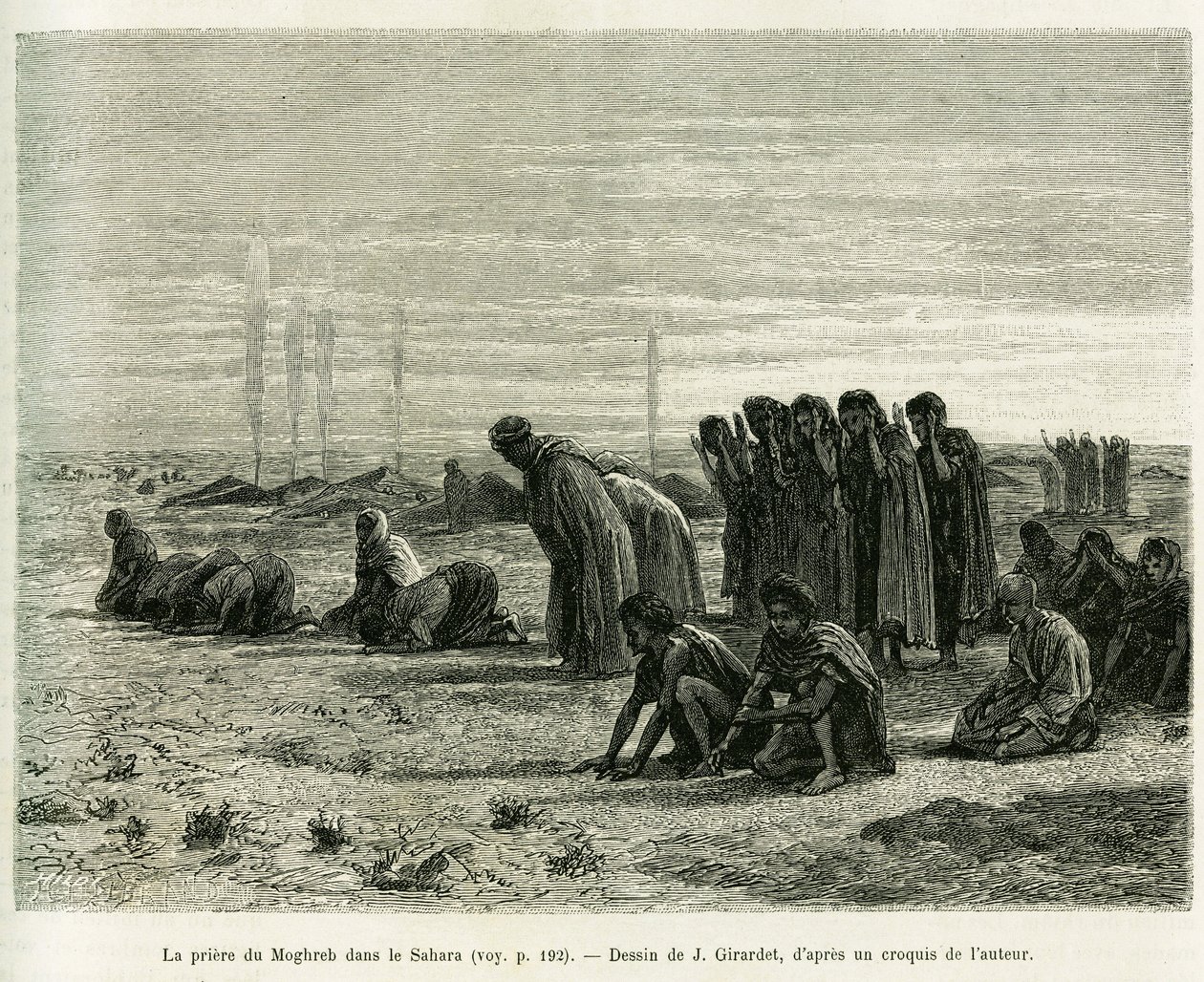 Het Moghreb-gebed in de Sahara. Gravure door J.Girardet, ter illustratie van het verhaal Cinq mois chez les moures nomades du Sahara occidental, in 1887, door Camille Douls, in le tour du monde 1888, onder leiding van Edouard Charton (1807-1890), Hachette, door Eugene Alexis Girardet