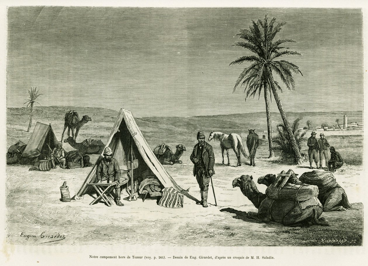 Kamp van reizigers in de buurt van Tozeur. Gravure door Eugene Girardet ter illustratie van het verhaal 