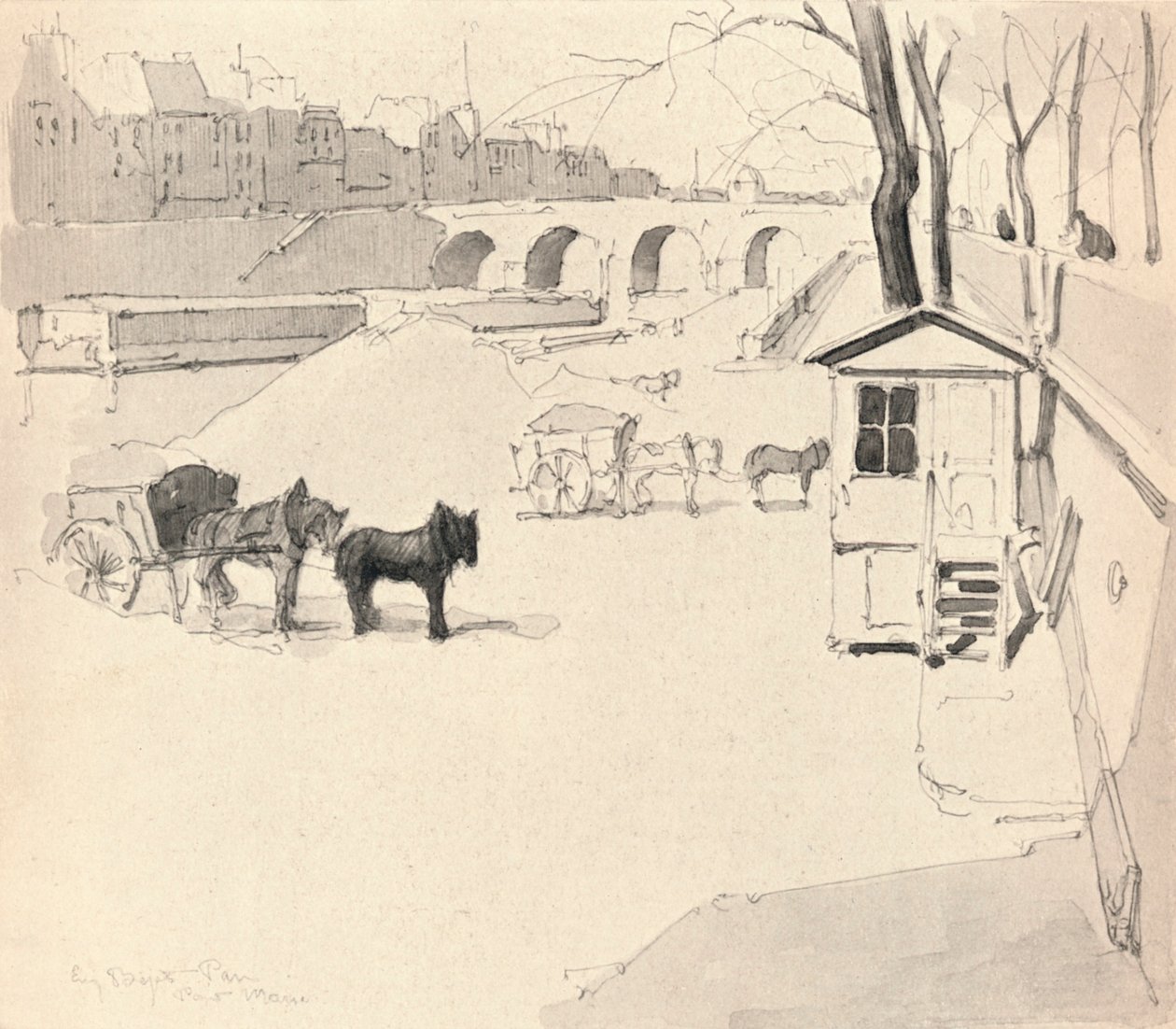 De Pont Marie - Paarden en Karren, 1915 door Eugene Bejot