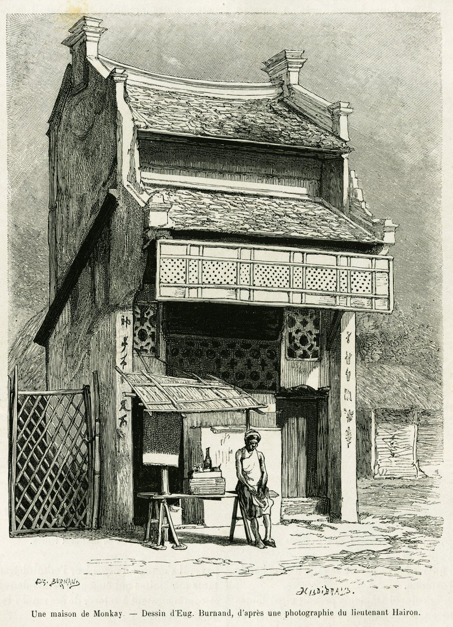 Een apenhuis. Gravure door Eugene Burnand, ter illustratie van het verhaal Sur les frontières du Tonkin, door dokter P.Neiss, in le tour du monde 1888, onder leiding van Edouard Charton (1807-1890), Hachette, Parijs. door Eugene Burnand