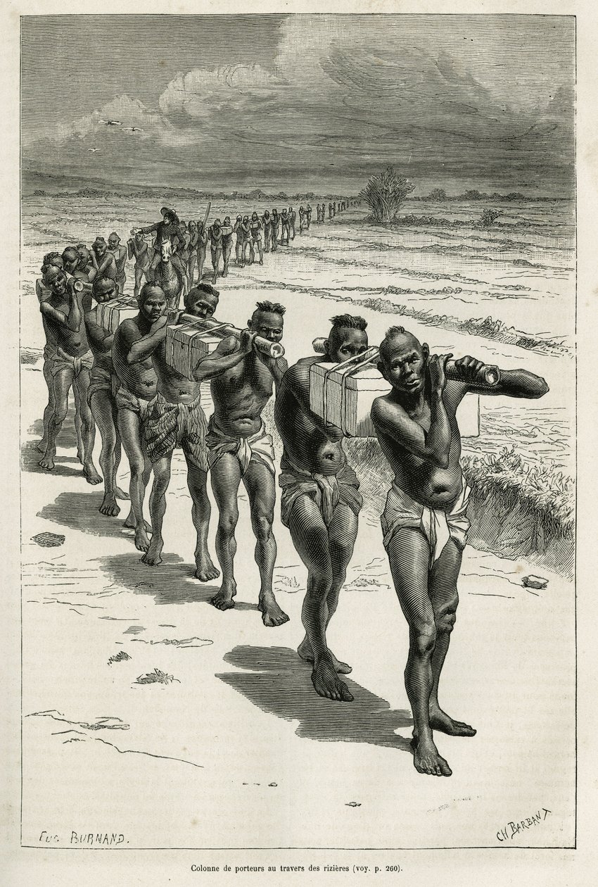 Kolonne dragers door de rijstvelden, tussen Bassac en Hue, geëtst naar een tekening van Eugene Burnand, ter illustratie van het verhaal over Laos en de wilde bevolkingen van Indochina, door Dr. Harmand, in 1877, gepubliceerd in de tour du monde, onder de d door Eugene Burnand