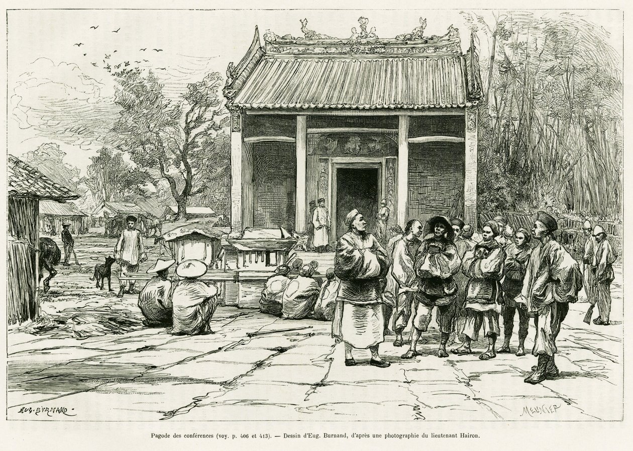 Conferentie Pagode, Monkay. Gravure door Eugene Burnand, ter illustratie van het verhaal Sur les frontières du Tonkin, door dokter P. Neiss, in le tour du monde 1888, geregisseerd door Edouard Charton, Hachette, Parijs. door Eugene Burnand