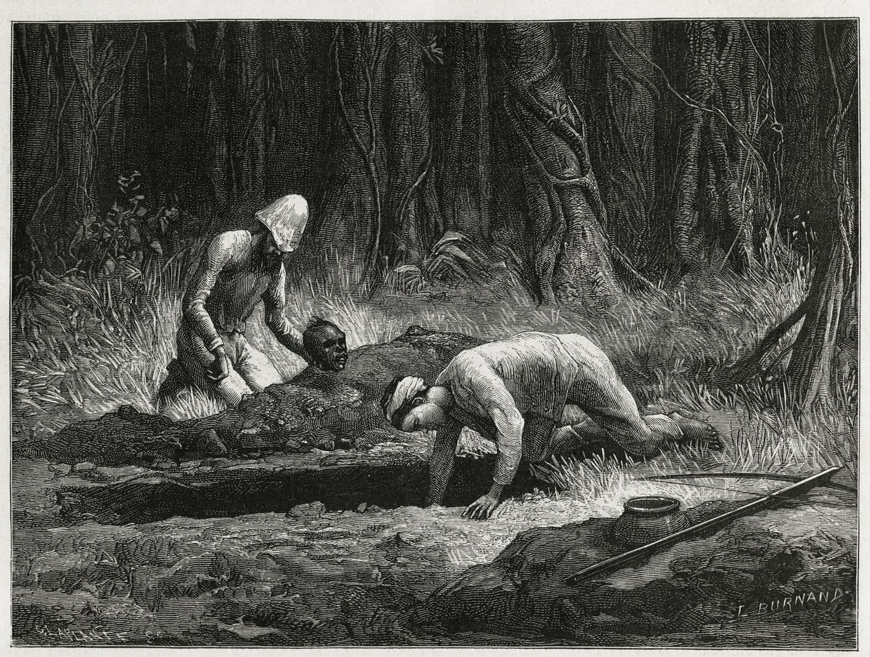 Dr. Harmand en zijn Annamitische helper, die clandestiene opgravingen van Khas-begrafenissen uitvoeren in Attopeu (Laos), gravure door Eugene Burnand, ter illustratie van het verhaal over Laos en de wilde bevolkingen van Indochina door Dr. Harmand, in 1877 door Eugene Burnand