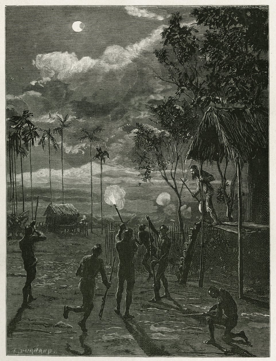 Dr. Harmand wordt midden in de nacht gewekt door het geluid van de geweren van de inheemse Khas, die op de maan schieten tijdens een zonsverduistering, in Attopeu (Laos), gravure door Eugene Burnand, ter illustratie van het verhaal van Laos en de wilde bev door Eugene Burnand