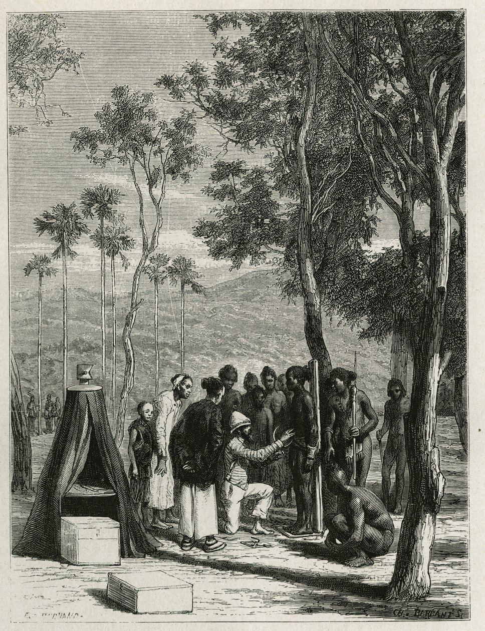 Dr. Harmand voert antropologische metingen uit op de inheemse Khas, in Attopeu (Laos), gravure door Eugene Burnand, ter illustratie van het verhaal van Laos en de wilde bevolkingen van Indochina door Dr. Harmand, in 1877, gepubliceerd in de tour du monde,  door Eugene Burnand