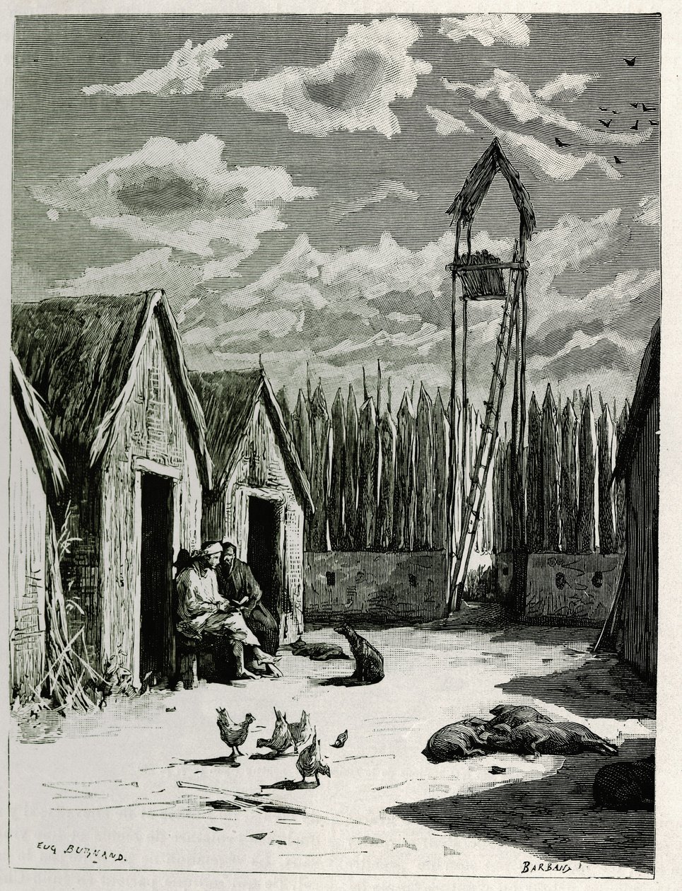 Missionarisplein in Meuong Ngan. Gravure door Eugene Burnand, ter illustratie van het verhaal 