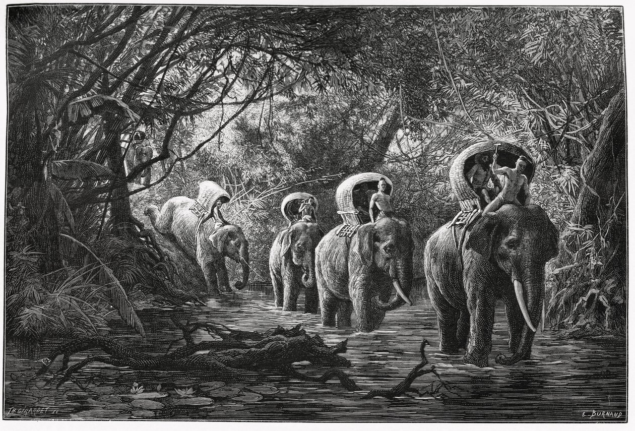 Op weg naar het bos, de expeditie reist op de rug van een olifant. Gravure door Eugene Burnand, ter illustratie van het verhaal "Reis in Boven-Laos", in 1880, door Dr. P.Neis. Gepubliceerd in Le Tour du monde, nouveau journal des voyages, 2e semester 18 door Eugene Burnand