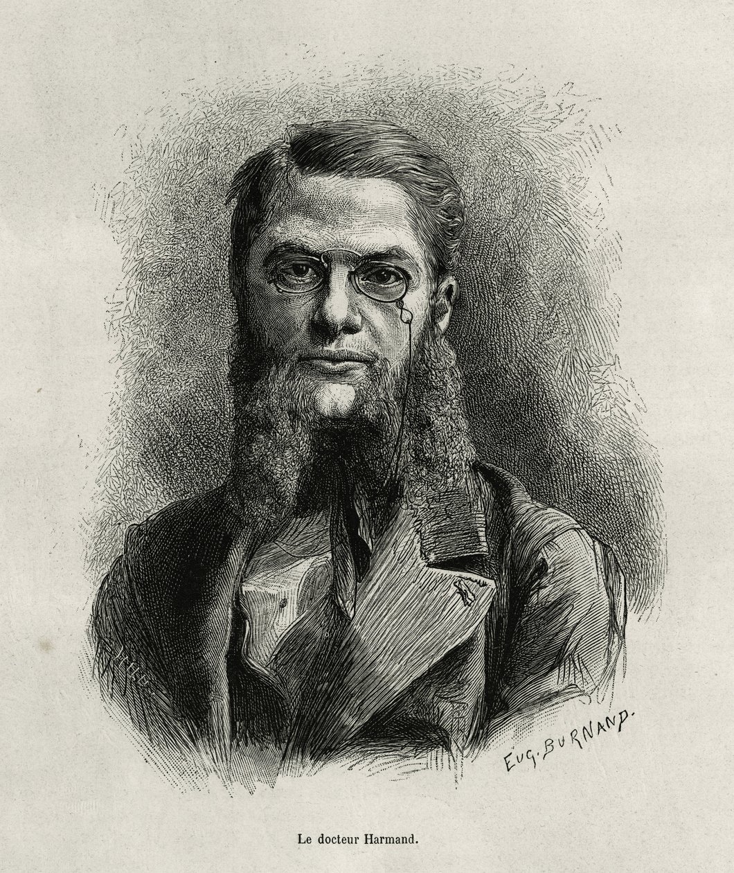 Portret van Dr. Harmand, gravure door Eugene Burnand, ter illustratie van het verhaal van Laos en de wilde bevolkingen van Indochina door Dr. Harmand, in 1877, gepubliceerd in de tour du monde, onder leiding van Edouard Charton door Eugene Burnand