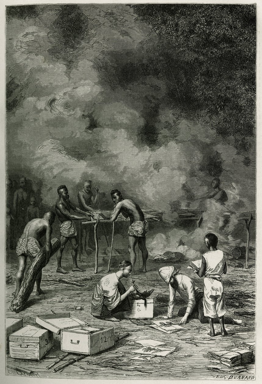 Het drogen van herbariumplanten, op grote bamboekleien, voordat de dokter ze classificeert en in zijn kisten opbergt, gravure door Eugene Burnand, ter illustratie van het verhaal van Laos en de wilde bevolkingen van Indochina door dokter Harmand, in 1877,  door Eugene Burnand