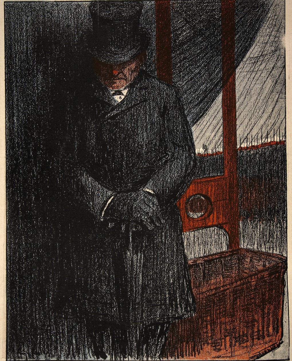 Een begrafenisondernemer wacht op zijn volgende slachtoffer bij de guillotine, illustratie uit 