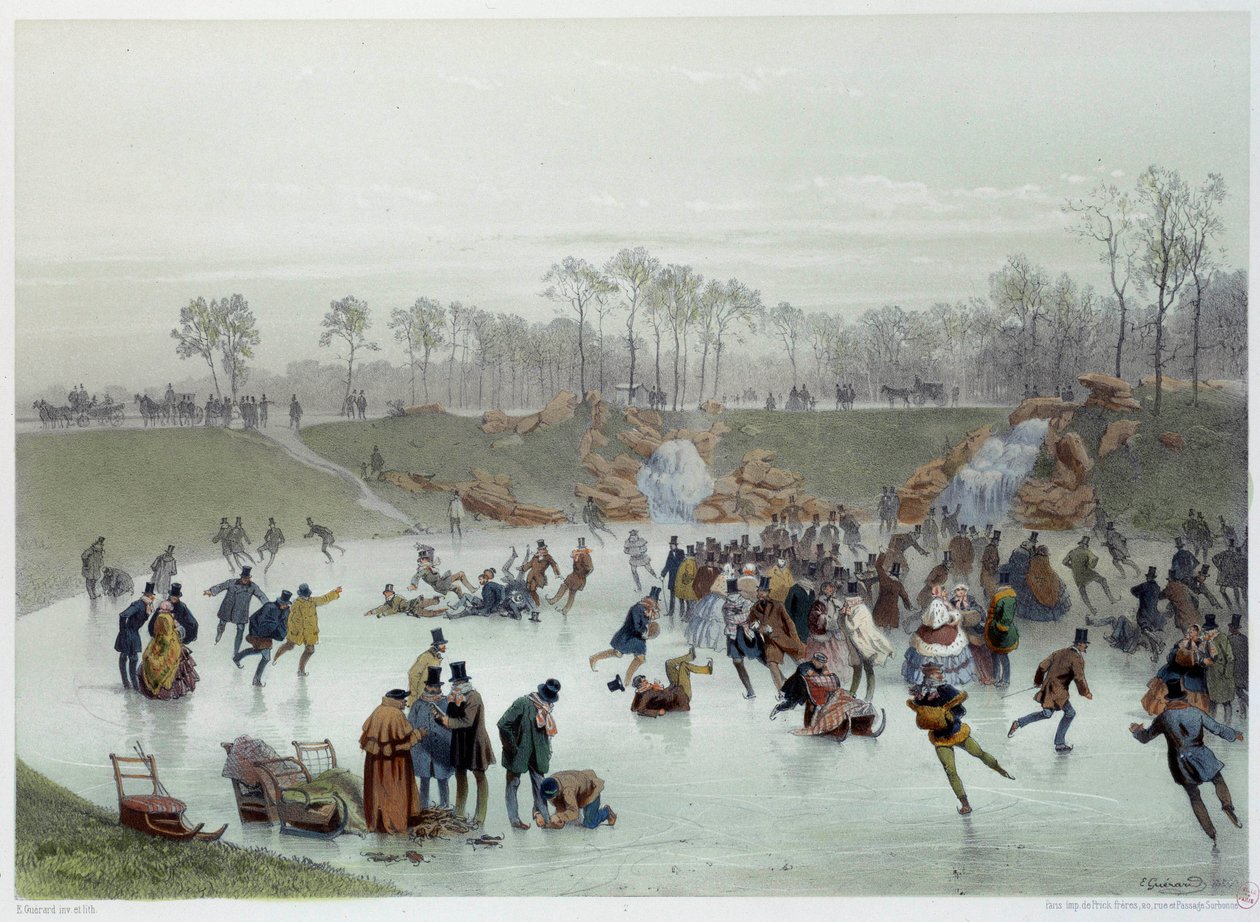 Les skaters au bois de Boulogne Lithografie door Eugene Guerard door Eugene Charles Francois Guerard
