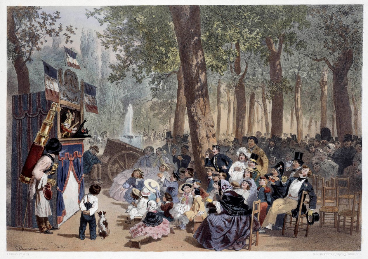De show van de guignols op de Champs Elysees in Parijs in de 19e eeuw door Eugene Charles Francois Guerard
