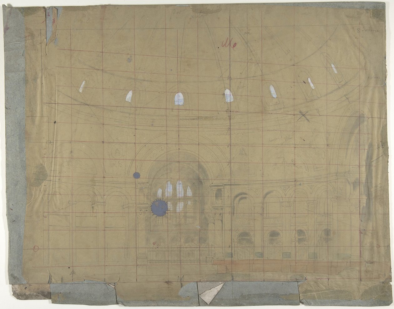 Ontwerp voor een toneeldecor in de Opéra, Parijs: kerkinterieur door Eugene Ciceri