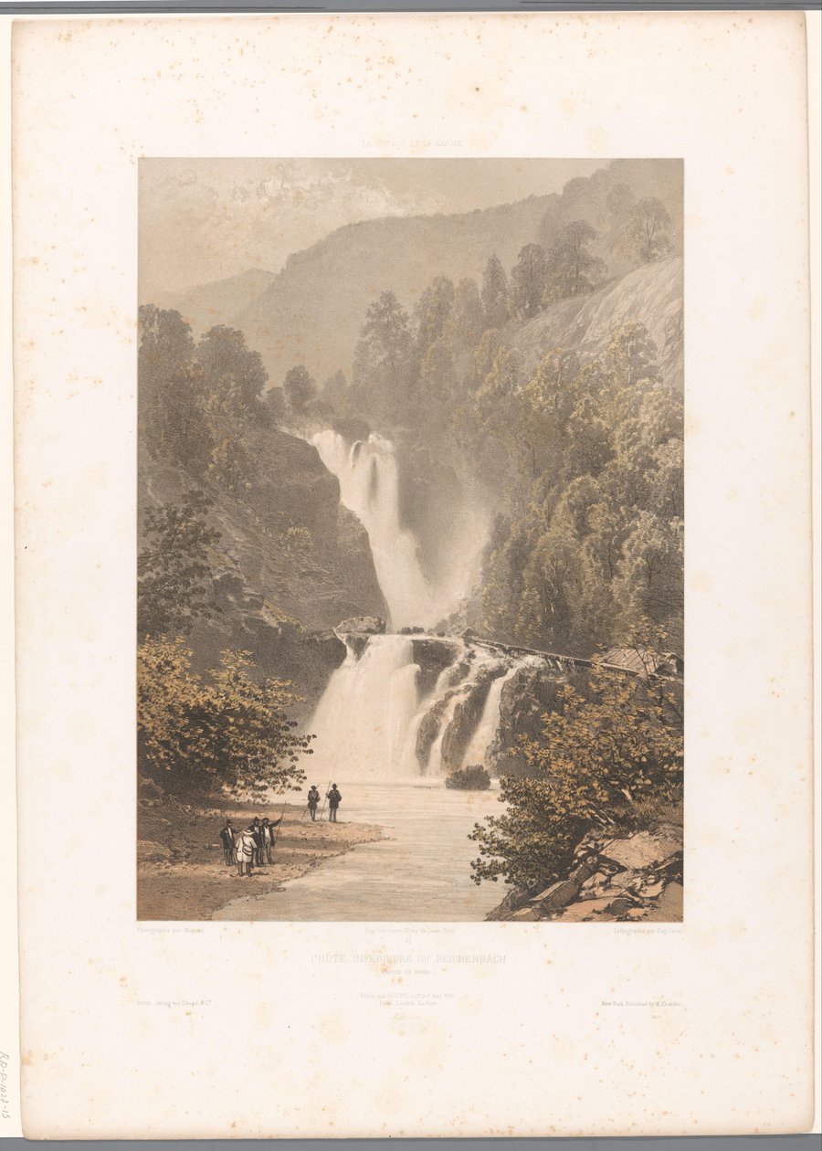 Wandelaars met zicht op de Reichenbachwaterval door Eugene Ciceri