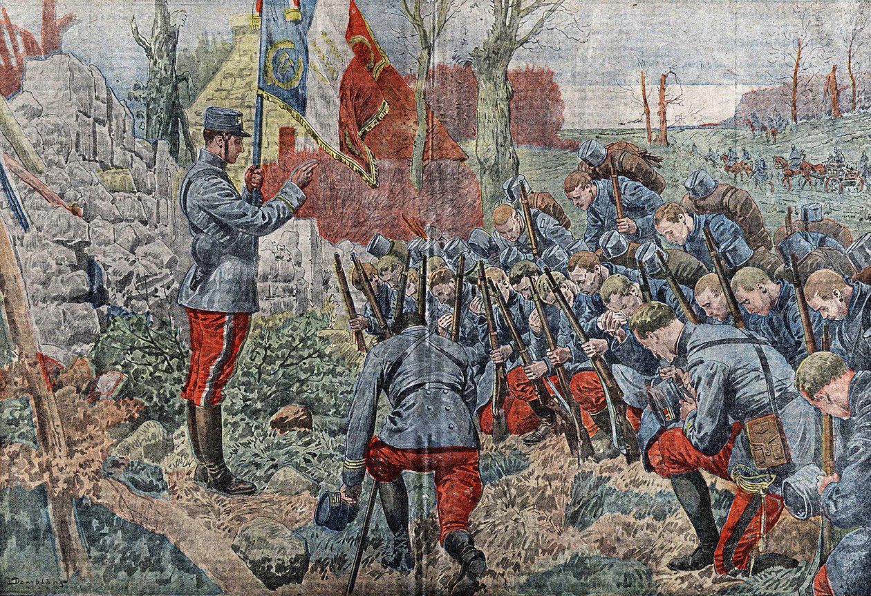 Een vlagdragende priester geeft absolutie aan de officieren en soldaten van zijn regiment terwijl ze op het punt staan aan te vallen. In 