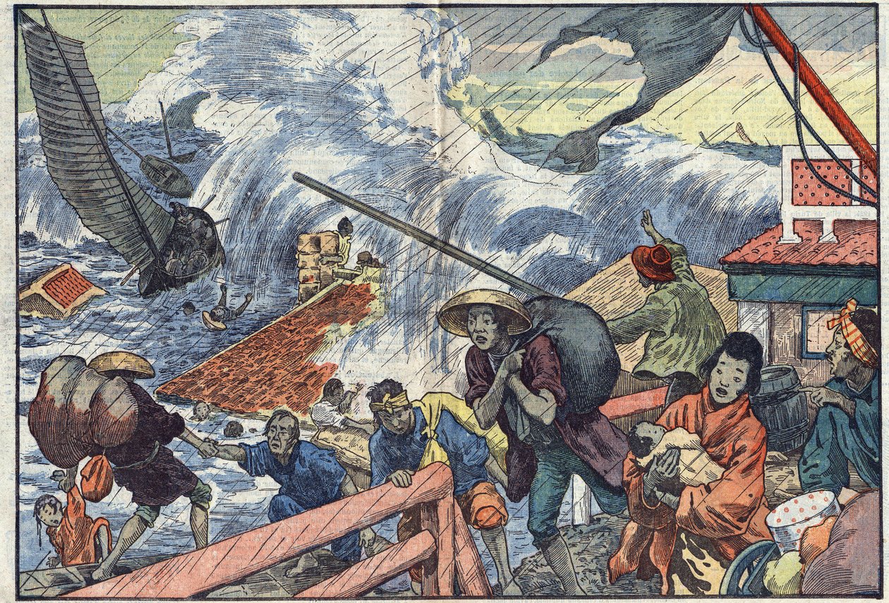 Een vloedgolf en een tyfoon treffen Japan. Illustratie van Damblans. In 