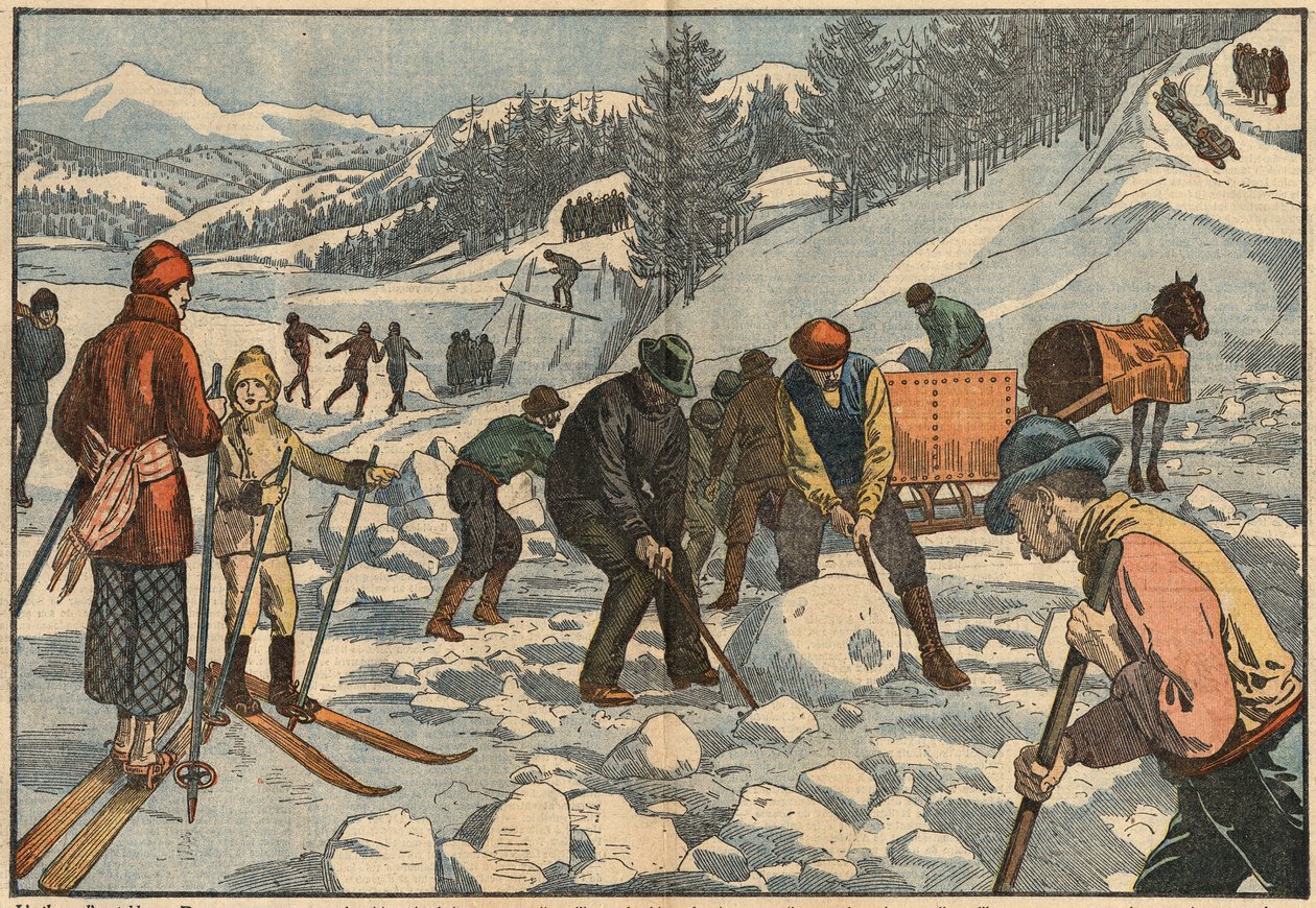 Alpenbewoners verzamelen ijsblokken in de winter voor de zomer. Op de achtergrond beoefenen mannen wintersporten. Illustratie van Damblans. In 