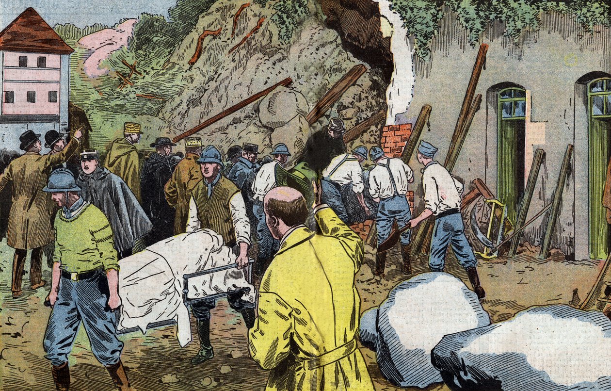 Lichaam van Amerikaanse generaal Dunlop dood omdat hij mevrouw Briant redde onder instorting van bijgebouwen van kasteel Fariniere (Frankrijk) tekening door Damblans uit Frans papier "Le Pelerin" 7 juni door Eugene Damblans